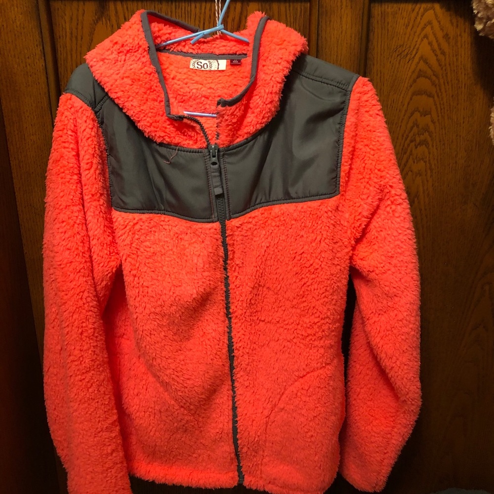 SO faux fur orange grey hooded jacket. Size medium
